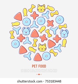 Pet food concept in circle with thin line icons of dry food in different shapes and cute dog and cat. Modern vector illustration. 