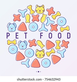 Pet food concept in circle with thin line icons of dry food in different shapes and cute dog and cat. Modern vector illustration. 