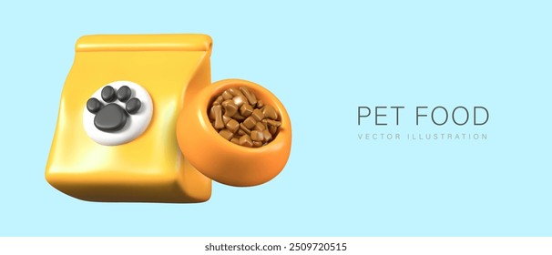 Pet food concept. Dry and wet food for cats and dogs. Realistic pack with paw print, filled bowl