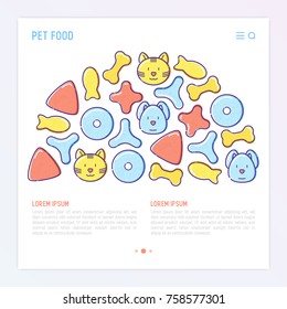 Pet food concept in half circle with thin line icons of dry food in different shapes and cute dog and cat. Modern vector illustration. 