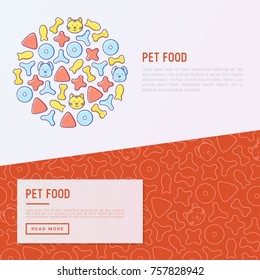 Pet food concept with thin line icons of dry food in different shapes and cute dog and cat. Modern vector illustration. 