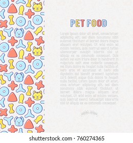 Pet food concept with thin line icons of dry food in different shapes and cute dog and cat. Modern vector illustration. 