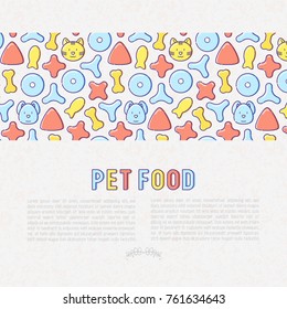 Pet food concept with thin line icons of dry food in different shapes and cute dog and cat. Modern vector illustration. 