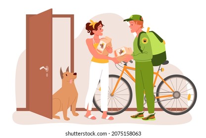 Pet food delivery service vector illustration. Cartoon deliveryman with bicycle giving bags with dog products to woman, man courier delivering order to door. Online pet store, animal care concept