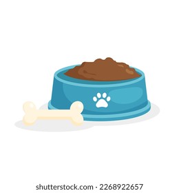 Pet food. Dog food bowl and bone. Vector illustration in a flat trendy style.