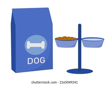 Pet food. Food for and dogs. Bowl, Packaging Vector flat illustration