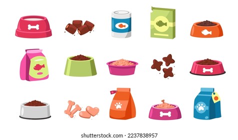 Comida para mascotas. Comida seca para gatos y perros estilo caricatura, colorido recipiente de envase para recipientes de recipientes para recipientes con tratamientos para animales domésticos de alimentación surtido. Conjunto plano vectorial. lata con comida húmeda y paquete de papel, aperitivos