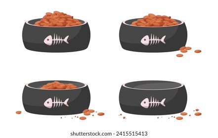 Comida de mascotas por juego de gatos hambrientos, animación de juegos secuenciales. Pasos animados de alimentos secos comidos a partir de tazón negro de plástico con hueso de pescado, trozos de comida desaparecen de la ilustración vectorial de la caricatura de placas