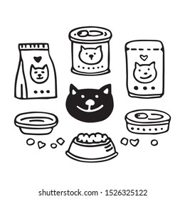 Pet food and happy cat. Doodle set. Vector illustration. Hand drawn style. Design elements for leaflet, booklet, cards, poster or banner.