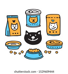 Pet Food And Happy Cat Face. Doodle Set. Vector Illustration. Hand Drawn Style. Design Elements For Leaflet, Booklet, Cards, Poster Or Banner.