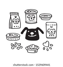 Pet food and happy dog. Doodle set. Vector illustration. Hand drawn style. Design elements for leaflet, booklet, cards, poster or banner.