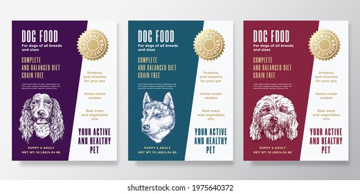 Pet Food Label Templates Set. Abstract Vector Packaging Design Layouts Collection. Typography Banners With Hand Drawn Cockapoo, Husky And Spaniel Dog Breeds Sketch Faces Background. Isolated.