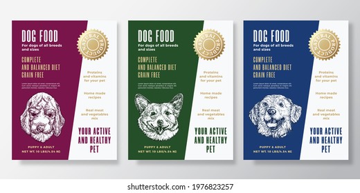 Pet Food Label Templates Set. Abstract Vector Packaging Design Layouts Collection. Typography Banners with Hand Drawn Retriever, Corgy and Beagle Dog Breeds Sketch Faces Background. Isolated.