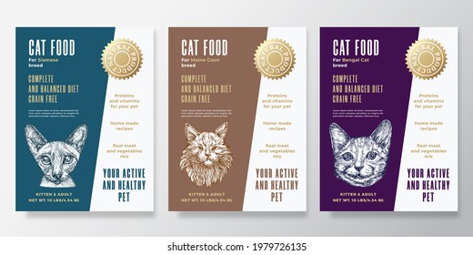 Pet Food Label Templates Set. Abstract Vector Packaging Design Layouts Collection. Typography Banners with Hand Drawn Siamese, Maine Coon and Bengal Cat Breeds Sketch Faces Background. Isolated.