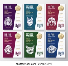 Pet Food Label Templates Set. Abstract Vector Packaging Design Layouts Collection. Typography Banners with Hand Drawn Dog Breeds Sketch Faces Background. Isolated