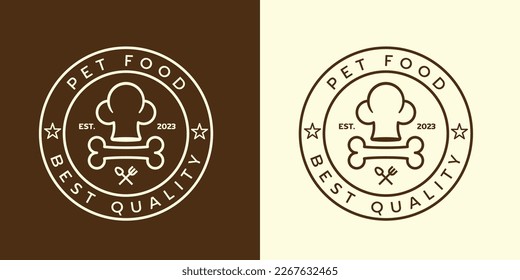 Pet food logo design illustration Flat concept of a simple minimalist emblem badge label In a circle, a chef's hat and a bone icon vector symbol idea useful for dog and cat food businesses.