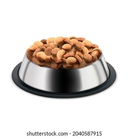 Pet Food In Metallic Plate For Dog And Cat Vector. Delicious Dried Pet Food In Stainless Dish For Feeding Domestic Animal. Vitamin Eatery Nourishment Template Realistic 3d Illustration