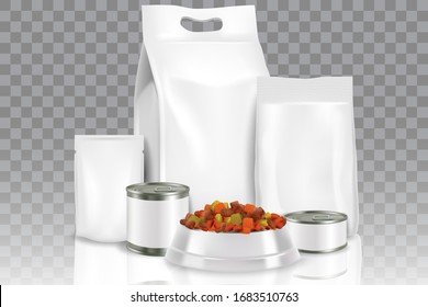 Pet food pack mock up set, vector illustration. Realistic white blank paper or foil bag with handle, stand up foil pouch bag, tin can packaging templates and bowl with dry pet food.