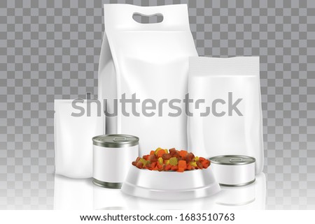 Pet food pack mock up set, vector illustration. Realistic white blank paper or foil bag with handle, stand up foil pouch bag, tin can packaging templates and bowl with dry pet food.