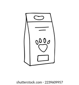 Pet food package with paw drawn on it doodle illustration in vector. Hand drawn paper bag of pet food and paw pictured on it.