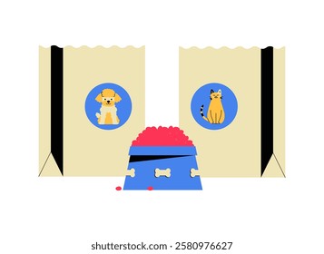 Pet Food Packaging With Dog And Cat Icons, Flat Vector Illustration Symbolizing Pet Nutrition, Animal Care, And Pet Store Products, Isolated On White Background