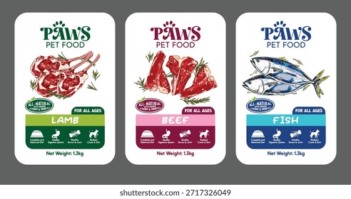 Pet food packaging label set featuring lamb, beef, and fish flavors. Designed for premium pet food branding, healthy nutrition products, retail packaging, pet shops, and animal care marketing use.
