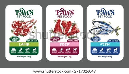 Pet food packaging label set featuring lamb, beef, and fish flavors. Designed for premium pet food branding, healthy nutrition products, retail packaging, pet shops, and animal care marketing use.