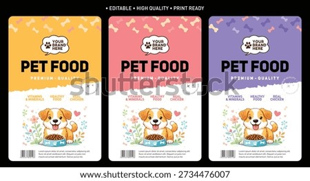 Pet food packaging template label and packaging design, dog and cat fresh food pouch label packaging design, editable vector file high qality print ready labels set