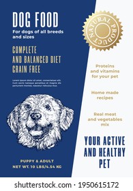 Pet Food Product Label Template. Abstract Vector Packaging Design Layout. Modern Typography Banner with Hand Drawn Golden Retriever Dog Sketch Face Background. Isolated.