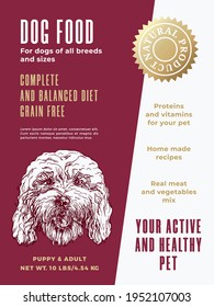 Pet Food Product Label Template. Abstract Vector Packaging Design Layout. Modern Typography Banner with Hand Drawn Cockapoo Dog Sketch Face Background. Isolated.