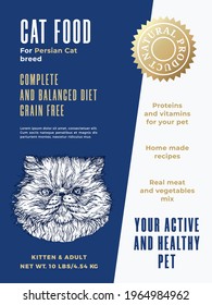 Pet Food Product Label Template. Abstract Vector Packaging Design Layout. Modern Typography Banner with Hand Drawn Persian Cat Breed Sketch Face Background. Isolated.