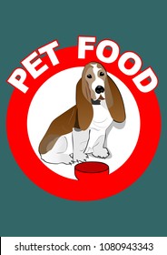 Pet food red circle label with basset hound sitting by his bowl. Dog food banner