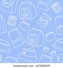 Pet food seamless pattern. Food for cats and dogs set. Pet store. Bowl, Packaging, Advertising. Vector flat illustration isolated on background. Line art