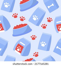 Pet food seamless pattern. Food for cats and dogs set. Pet store. Bowl, Packaging, Advertising. Vector flat illustration isolated on background