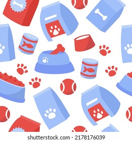 Pet food seamless pattern. Food for cats and dogs set. Pet store. Bowl, Packaging, Advertising. Vector flat illustration isolated on background