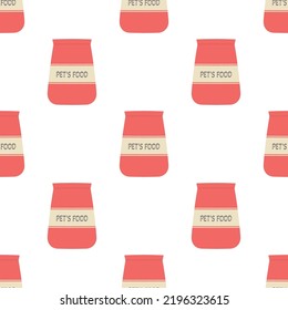 pet food seamless pattern, food for cats and dogs set, vector flat illustration of packaging with dry pet food isolated on background
