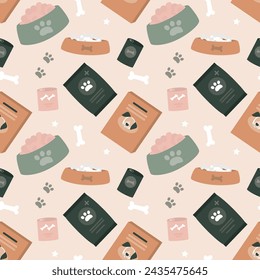 Pet food seamless pattern. Food for cats, dogs and others animals. Pet store. Nutrition packaging for domestic pets, texture background. flat vector illustration.