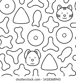 Pet food seamless pattern with thin line icons of dry food in different shapes and cute dog and cat. Modern vector illustration for background. 