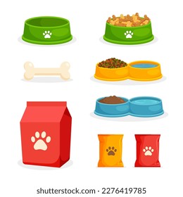 Pet food set. Dog or cat bowl with treats. Packaging, advertising. Doggy bone. Vector illustration in a flat trendy style.