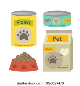 Pet food set vector flat illustration isolated on a white background. Can of canned food, a packet of food, a dish with food for animals dogs and cats and ather pets