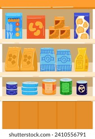 Pet food shelves with various dog and cat food packages. Supermarket aisle with assortment of animal care products vector illustration.