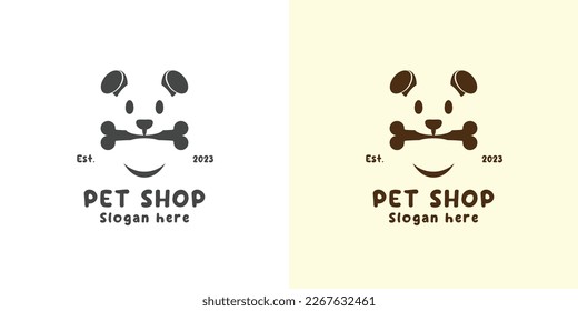 Pet food shop logo design illustration Shade concept for a simple minimalist flat silhouette. Vector icon of a dog biting a bone useful for dog and cat food businesses.