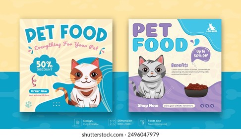 Pet food social media post template with cute pets and animal . Colorful banner design with happy pet, cats. Vector cartoon illustration for veterinary store