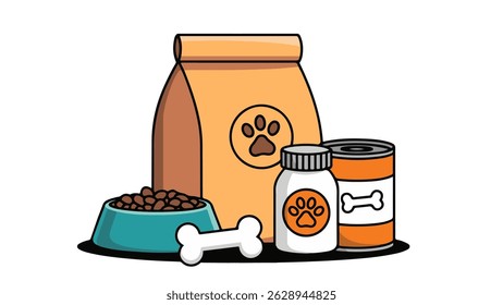 Pet Food and Supplies Vector – Flat Cartoon Illustration of Dog Food Bag, Cans, Bone Treats, and Vitamin Bottle for Animal Care and Pet Nutrition Concept
