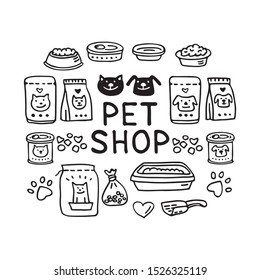 Pet food and toilet for cats and dogs. Doodle set. Vector illustration. Hand drawn style. Design elements for leaflet, booklet, cards, poster or banner.