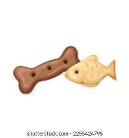 Pet food treats vector illustration. Cartoon isolated biscuit snacks in shape of bone and fish to feed cats and dogs, brown cookies of healthy nutrition for animals and dry food products of petshop