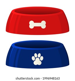 Pet food or water bowl in red and blue cartoon style vector illustration isolated on white background.