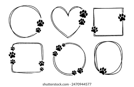 Pet footprint frame. Doodle shape frames with dog or cat paws. Hand drawn outline circle, heart, square boarder with cute animal steps. Adopted animal. Pets love vector concept