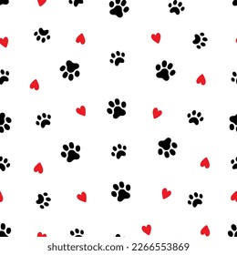 Pet footprint seamless pattern. Pet animal dog, cat footprint background with heart. Puppy valentine texture doodle wallpaper. Vector illustration