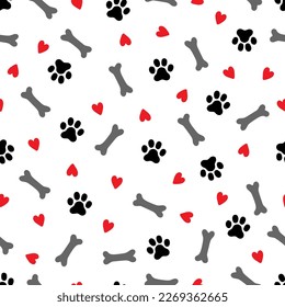 Pet footprint seamless pattern. Pet animal dog, cat footprint background with heart, bone element. Puppy, kitten texture doodle drawn wallpaper. Vector illustration